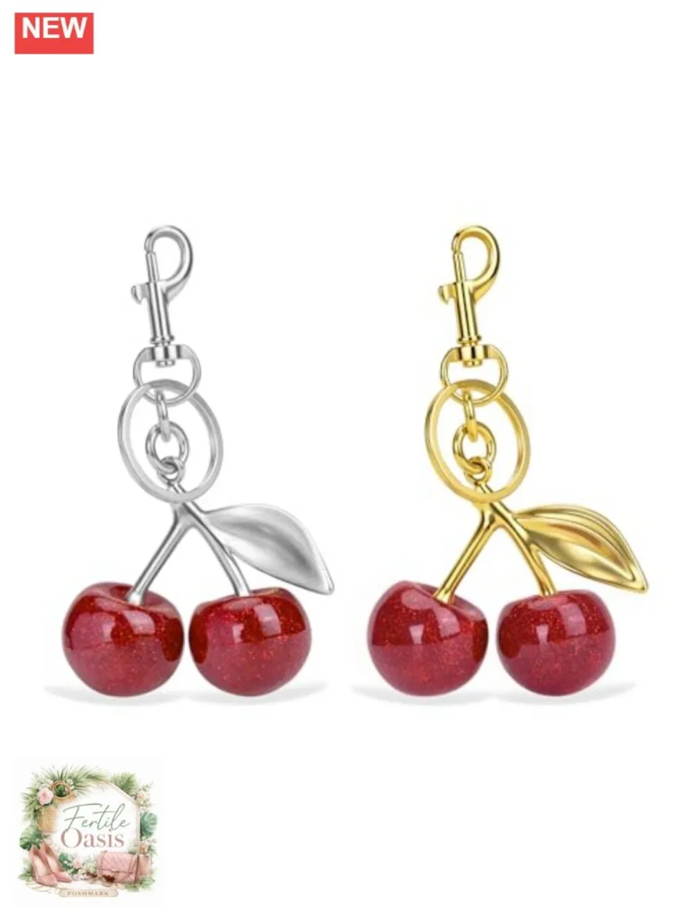 2 Pack Cherry Bag Charm Keychain, Resin & Metal Purse Accessory for Women